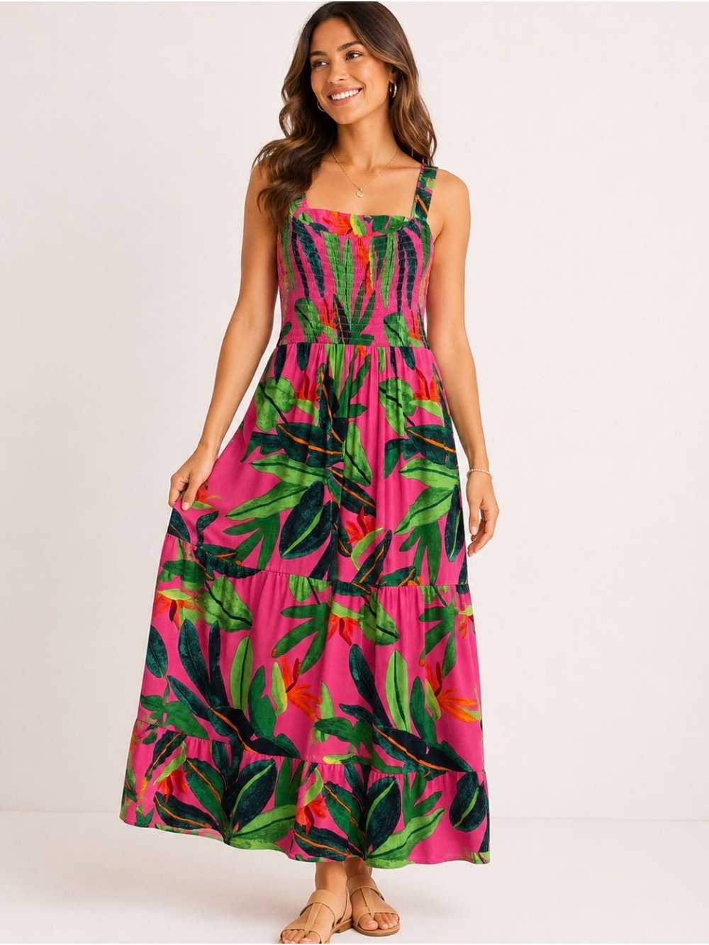 Soma Hot Pink Tropical Maxi Dress with Green Leaf Print